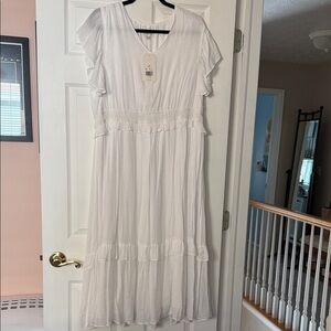 Wonderly White Midi Dress with Ruffle Accents